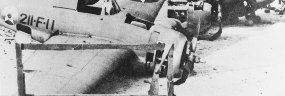 Wreckage of American Wildcat fighterson Wake Island after Dec. 1941 invasion.