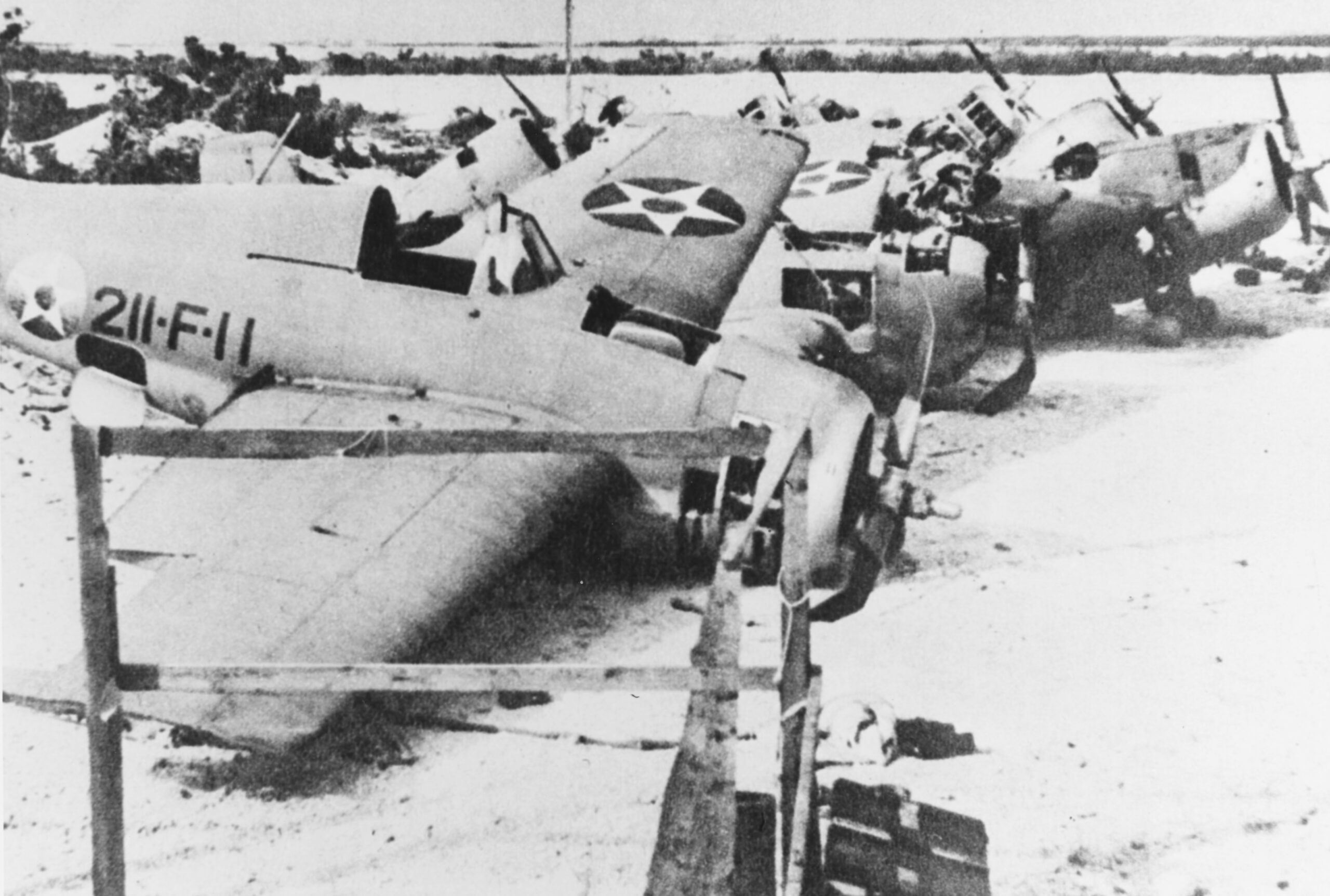 Wreckage of American Wildcat fighterson Wake Island after Dec. 1941 invasion.